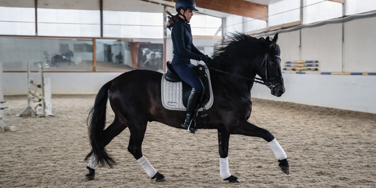 PRE Rappwallach im Galopp mit Reiterin in der Reithalle